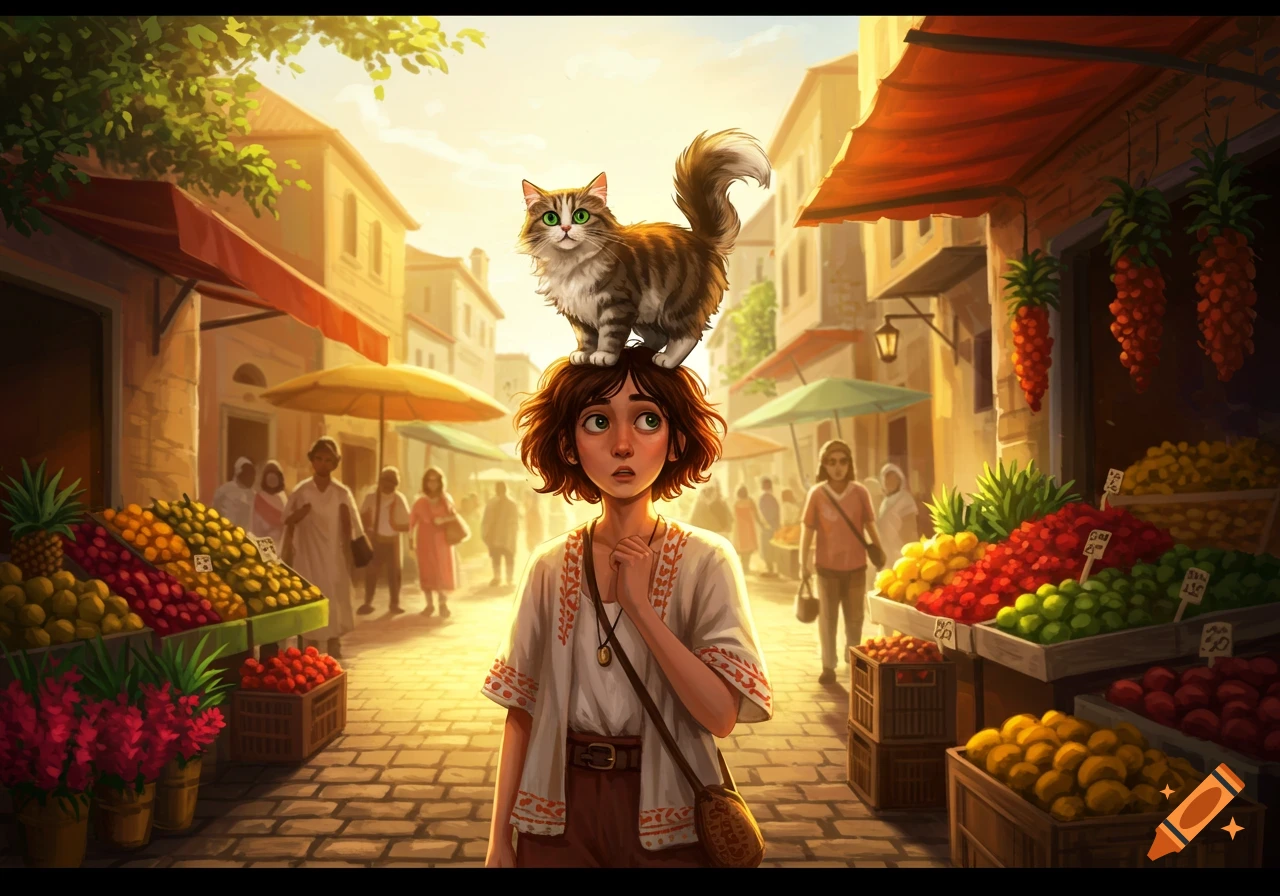 A cartoon-style young girl with a fluffy cat on her head, looking surprised, stands in a bustling, sunny outdoor market.