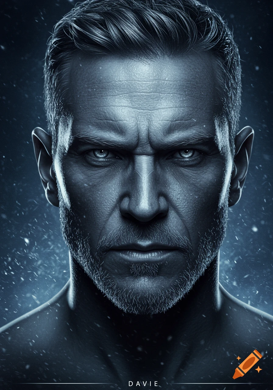 Close-up portrait of a man with a stern expression, grey eyes, and beard in cold, blue-toned light.