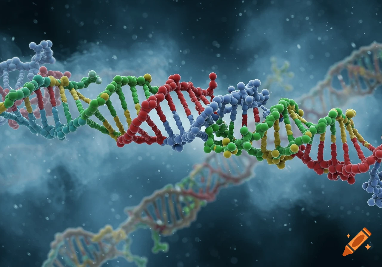 Colorful 3D rendering of a DNA double helix against a dark, blurry background.