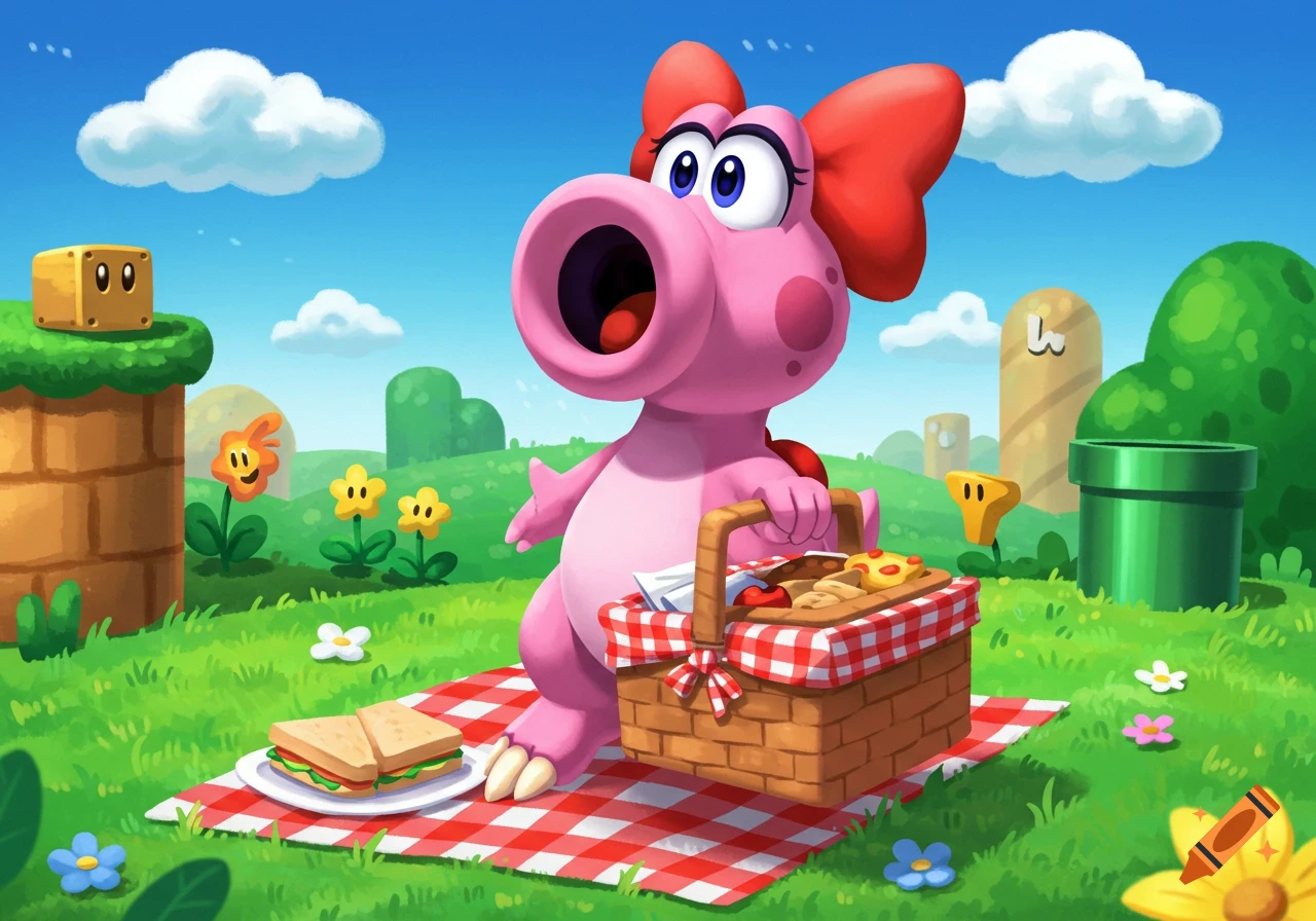 Birdo from Mario enjoys a picnic with a basket and sandwich on a checkered blanket in a sunny, cartoonish field with iconic Mario elements.