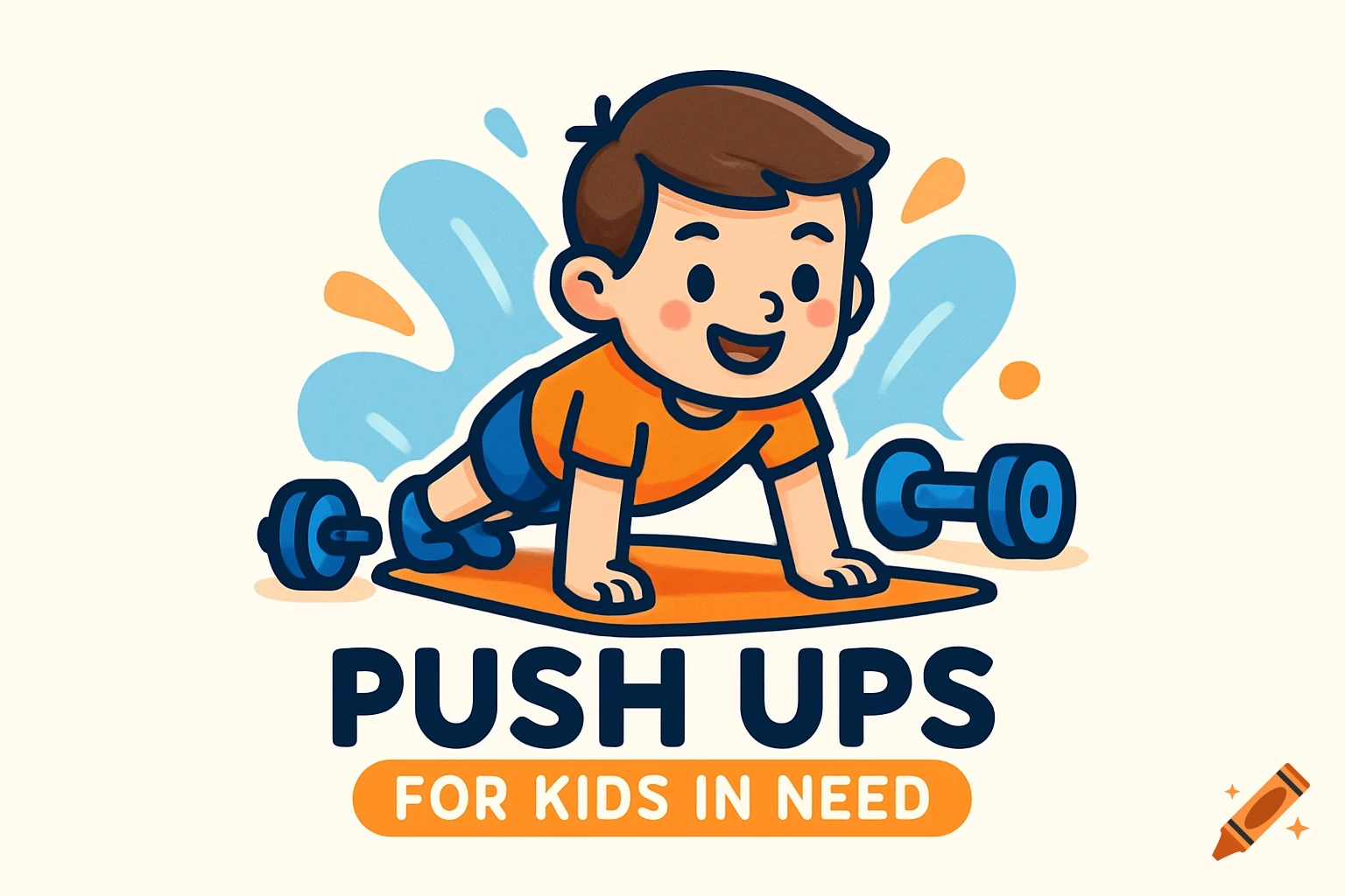 Cartoon illustration of a boy doing push-ups on a mat, with a dumbbell on each side and blue and orange splatters in the background. Below him is text that reads "PUSH UPS FOR KIDS IN NEED."