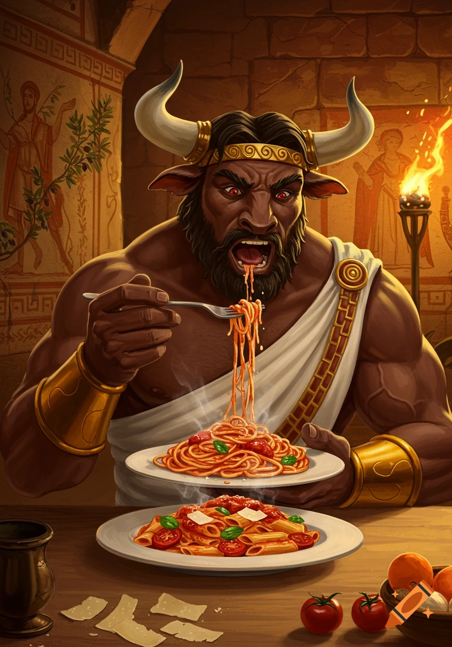 A minotaur-like figure with red eyes and horns aggressively eats a plate of spaghetti with a fork in an ancient, torch-lit setting.