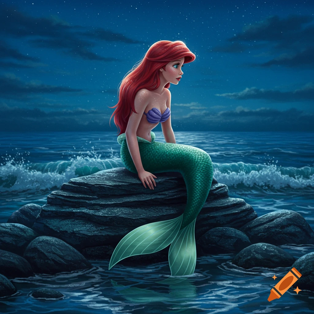A red-haired mermaid with a green tail sits on a dark rock in the ocean at night under a starry sky.