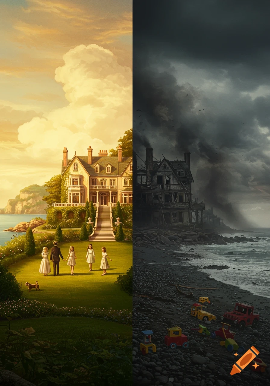 Illustration of a split scene: left shows a grand house by a sunny sea with a family, right shows the same house in ruins under a stormy sky.
