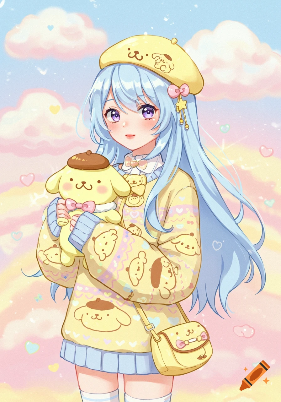 An anime girl with long light blue hair and pink eyes, wearing a yellow Pompompurin sweater and beret, holding a Pompompurin plushie against a pastel sky background with hearts and clouds.