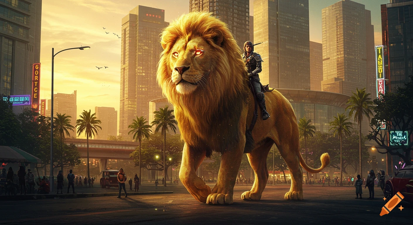 A majestic golden lion with glowing eyes carries an armored rider through a modern city street at sunset, with skyscrapers and palm trees in the background.