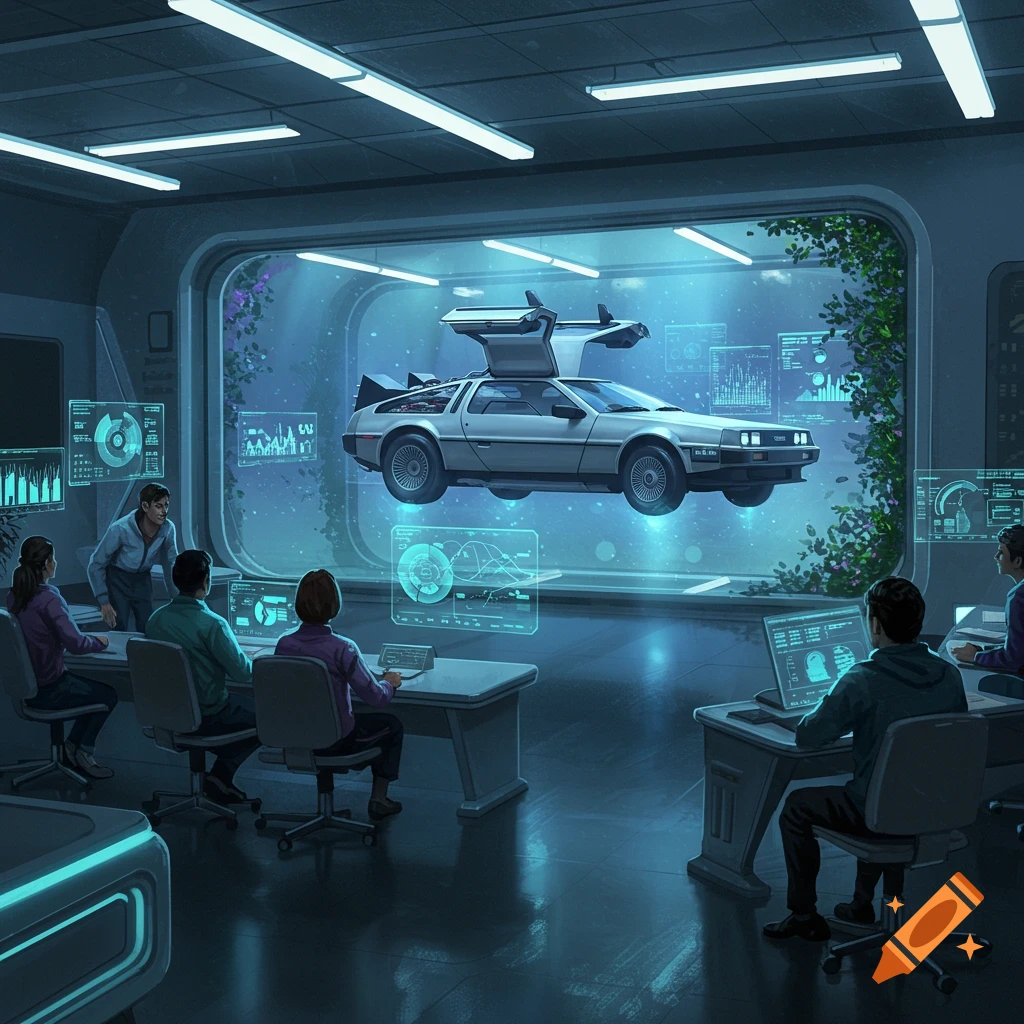 A futuristic classroom where people in an observation room look at a DeLorean hovering in a large display with holographic data screens.