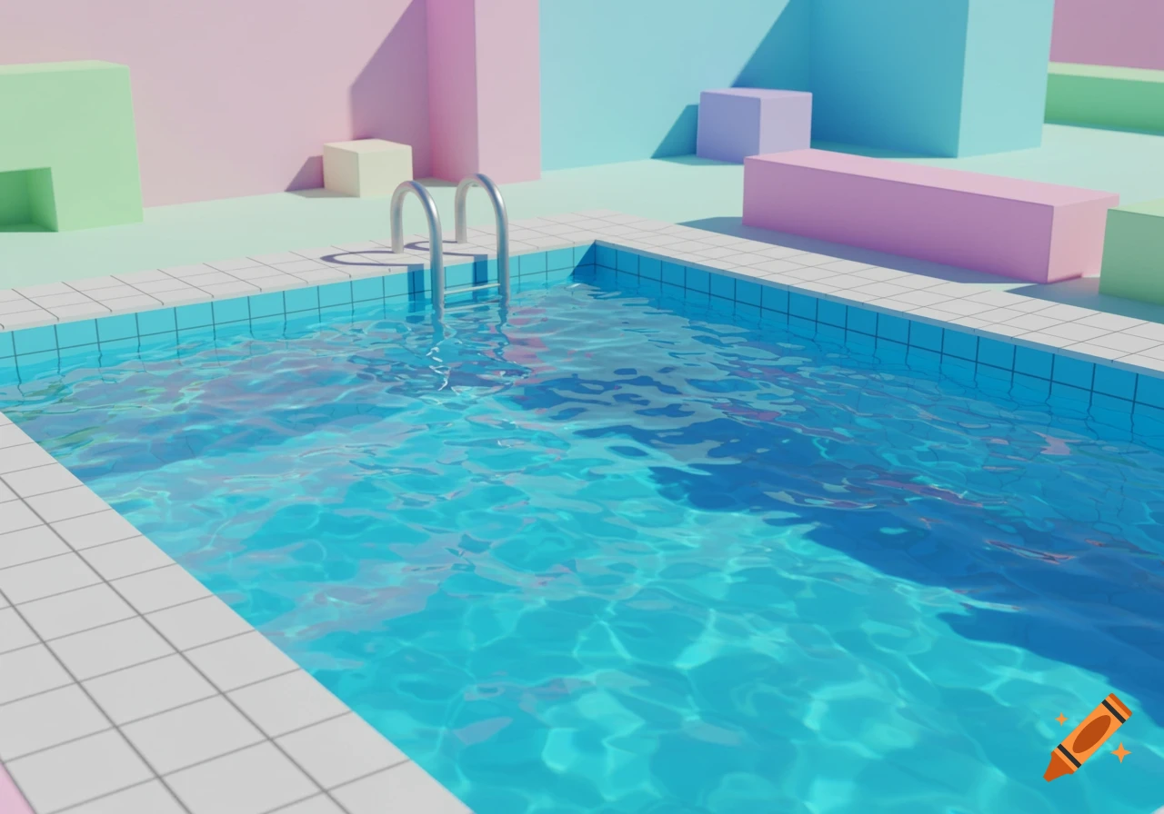 A low-poly swimming pool with bright blue water surrounded by pastel pink, green, and blue geometric blocks in a minimalist setting.