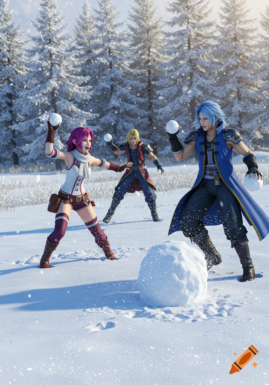 Three stylized characters, reminiscent of video game art, engage in a snowball fight in a snowy forest.