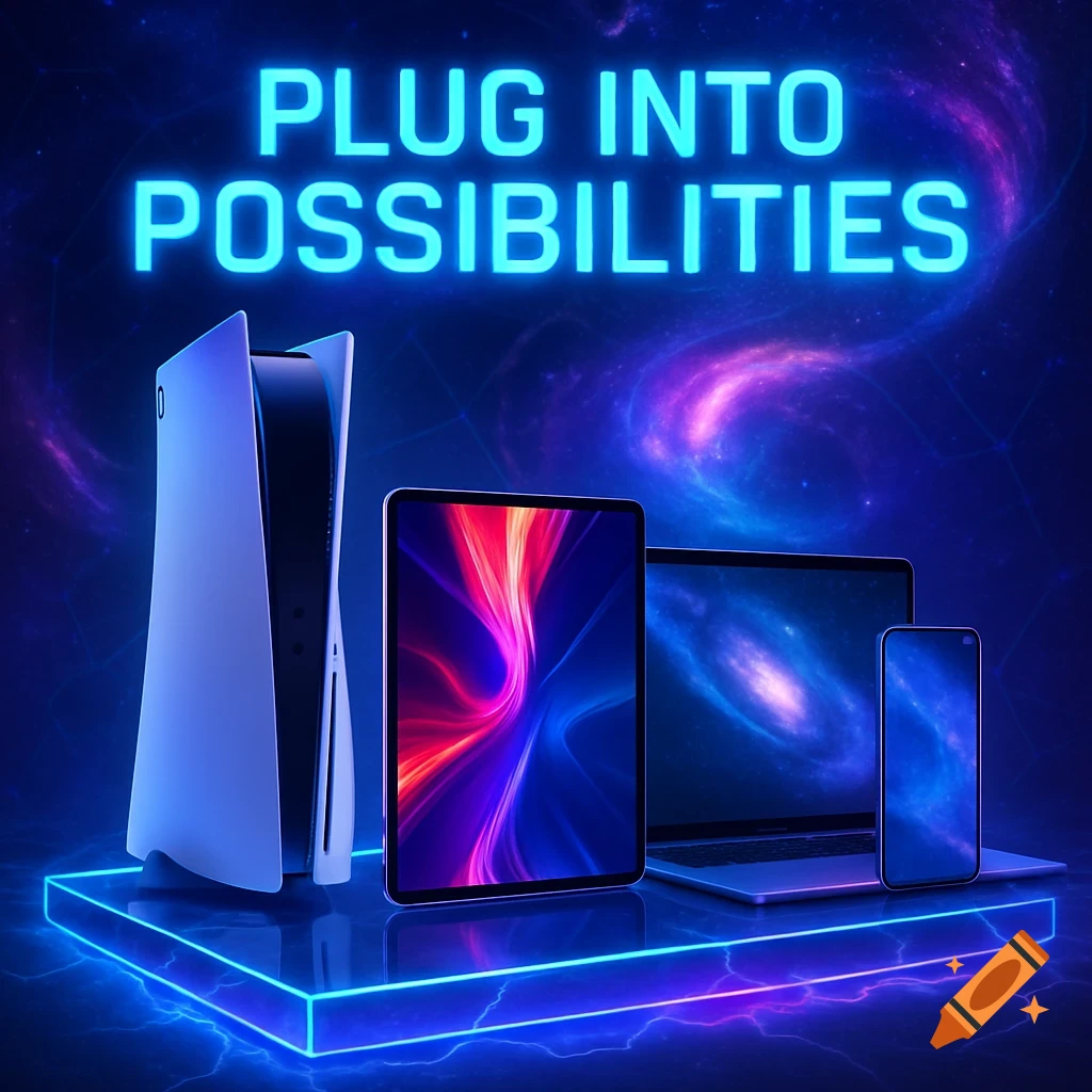 A PS5, tablet, laptop, and smartphone stand on a glowing blue platform against a cosmic background with the neon text 'PLUG INTO POSSIBILITIES'.