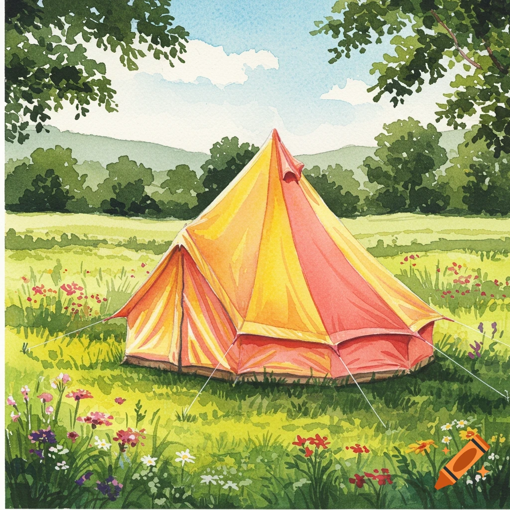 A vibrant yellow and red bell tent stands in a lush green field filled with wildflowers, under a blue sky with white clouds, in a charming watercolor style.