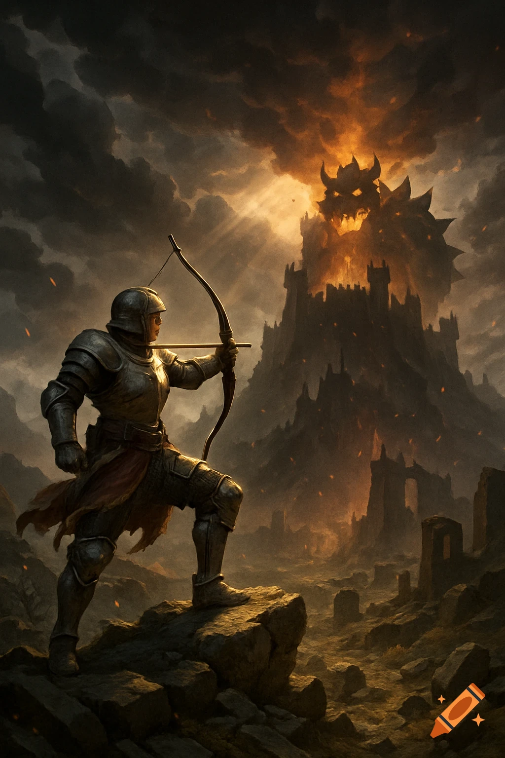 A knight in armor draws a bow, aiming at a monstrous, fiery castle under a dark, dramatic sky.