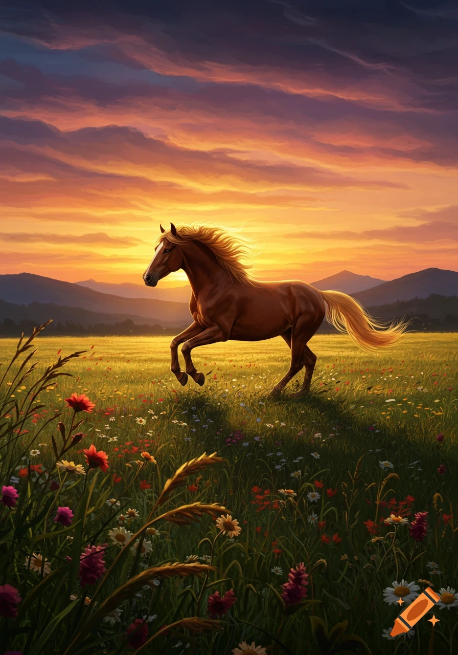 A brown horse gallops through a vibrant wildflower meadow at sunset, with mountains in the distance and an orange sky.