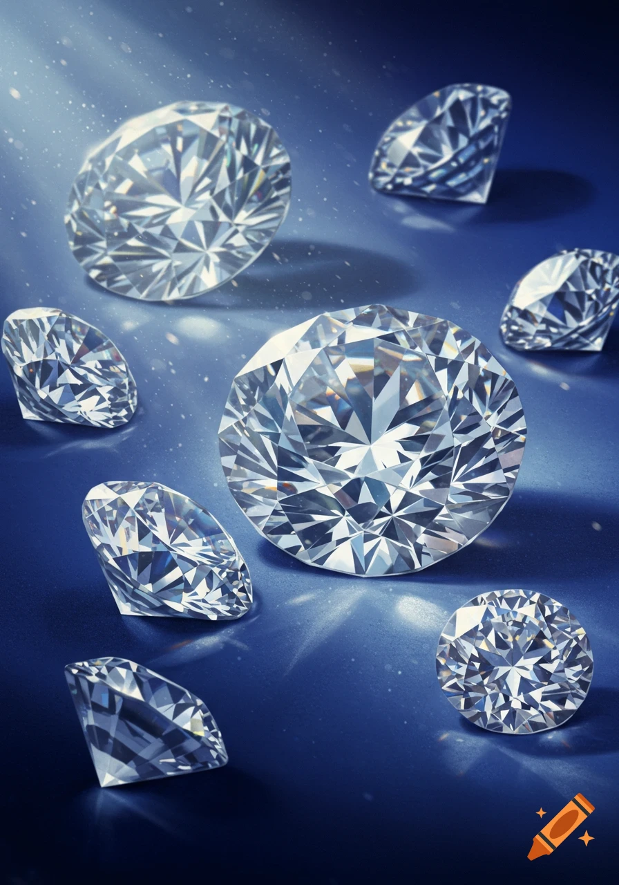 Multiple sparkling diamonds scattered on a shimmering blue surface with rays of light.