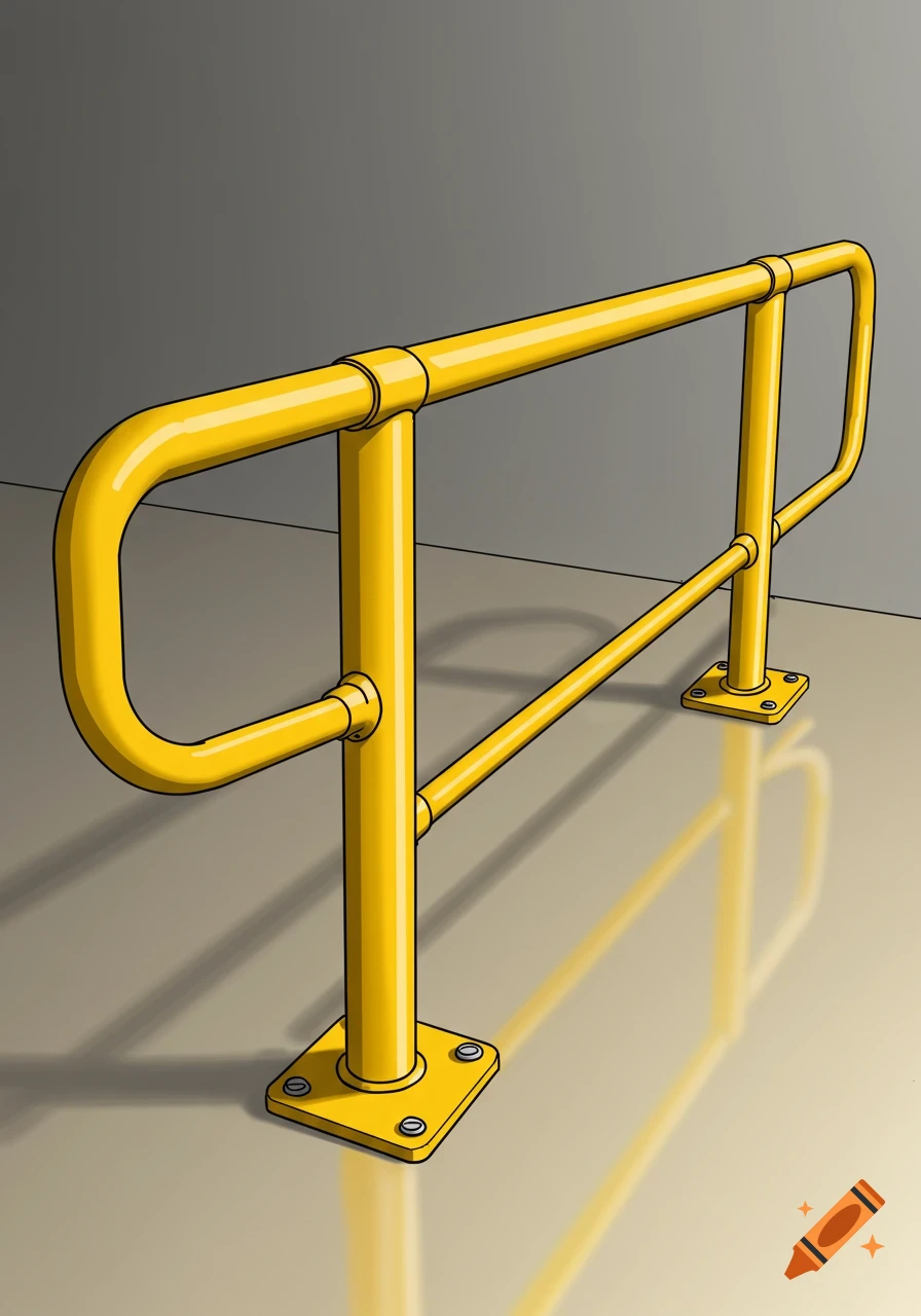 A bright yellow safety handrail is bolted securely to the floor in a professional cartoon sketch style.