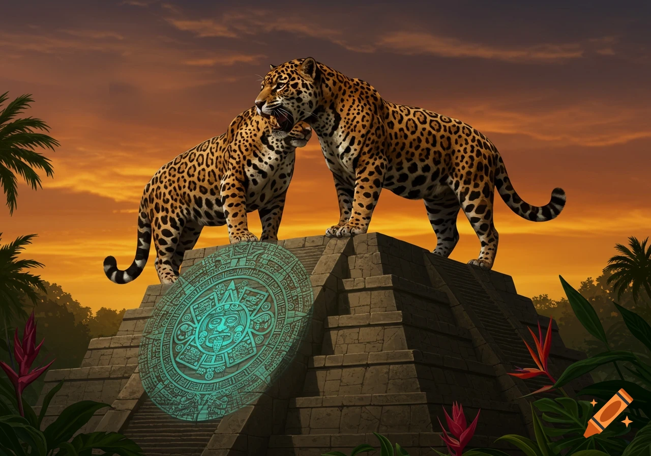 Two jaguars stand atop a Mesoamerican pyramid with an illuminated Aztec calendar disk against an orange sunset.