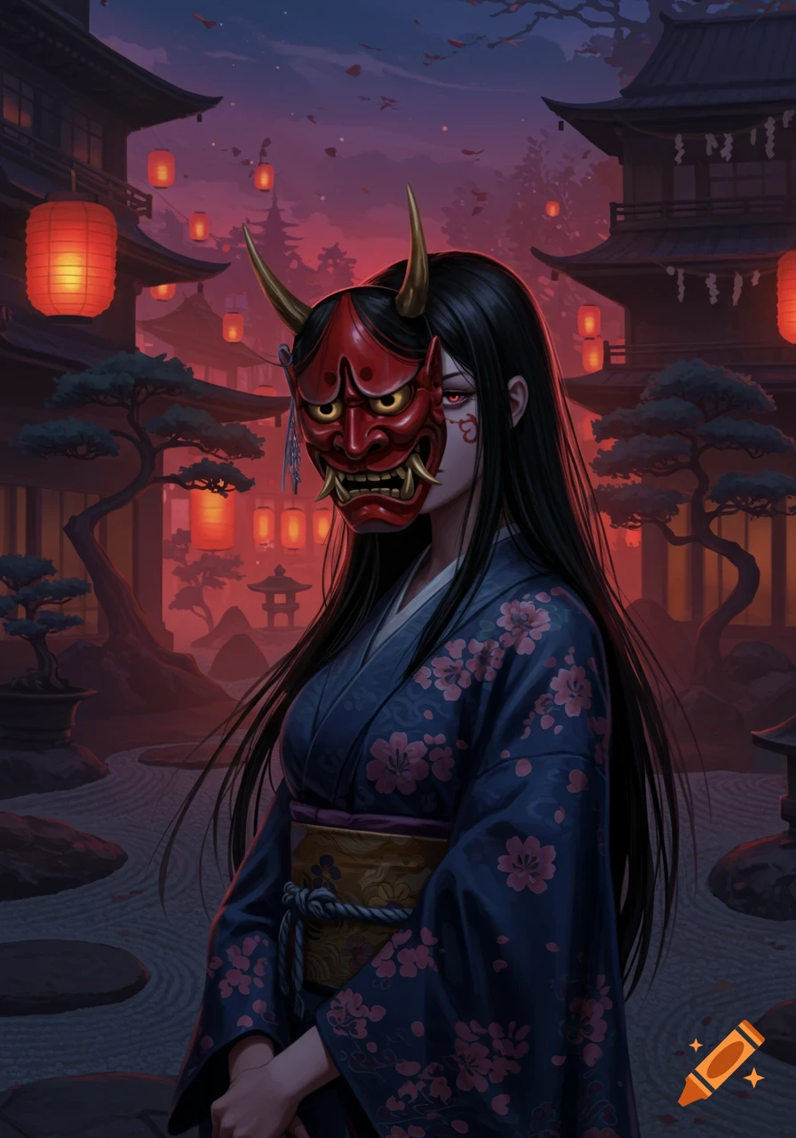Woman in a red Oni mask and blue kimono with cherry blossoms standing in a Japanese garden with glowing lanterns at dusk.