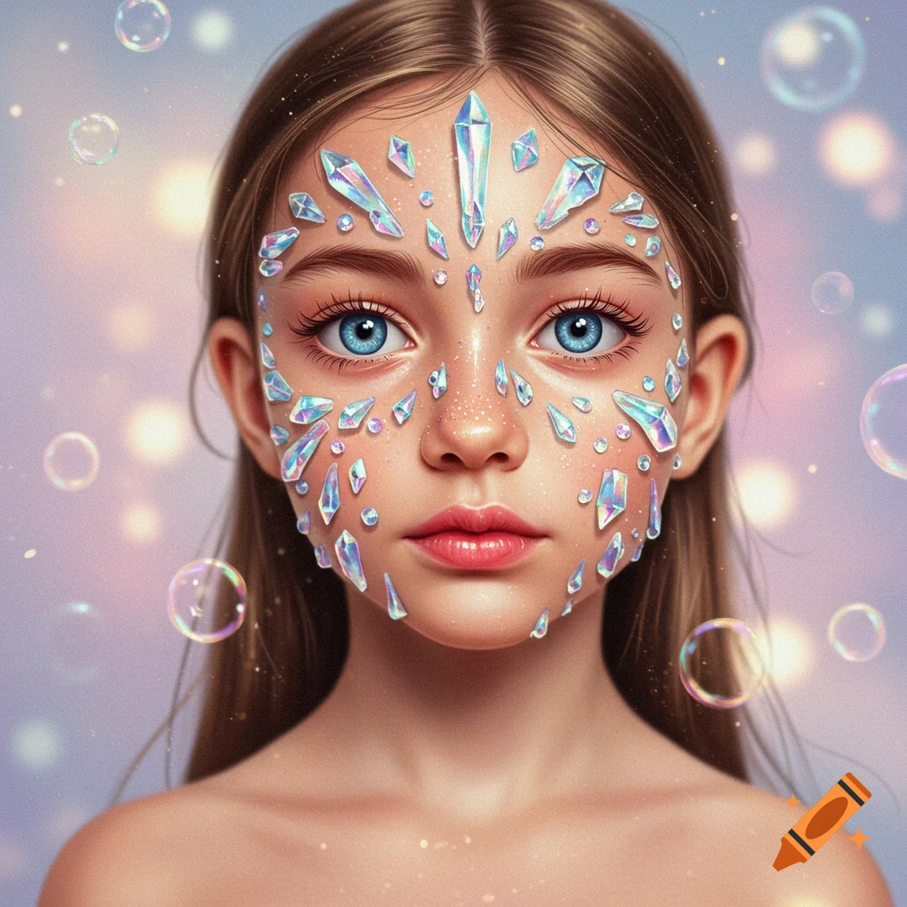 Close-up photorealistic portrait of a girl with iridescent crystals on her face, surrounded by bubbles.