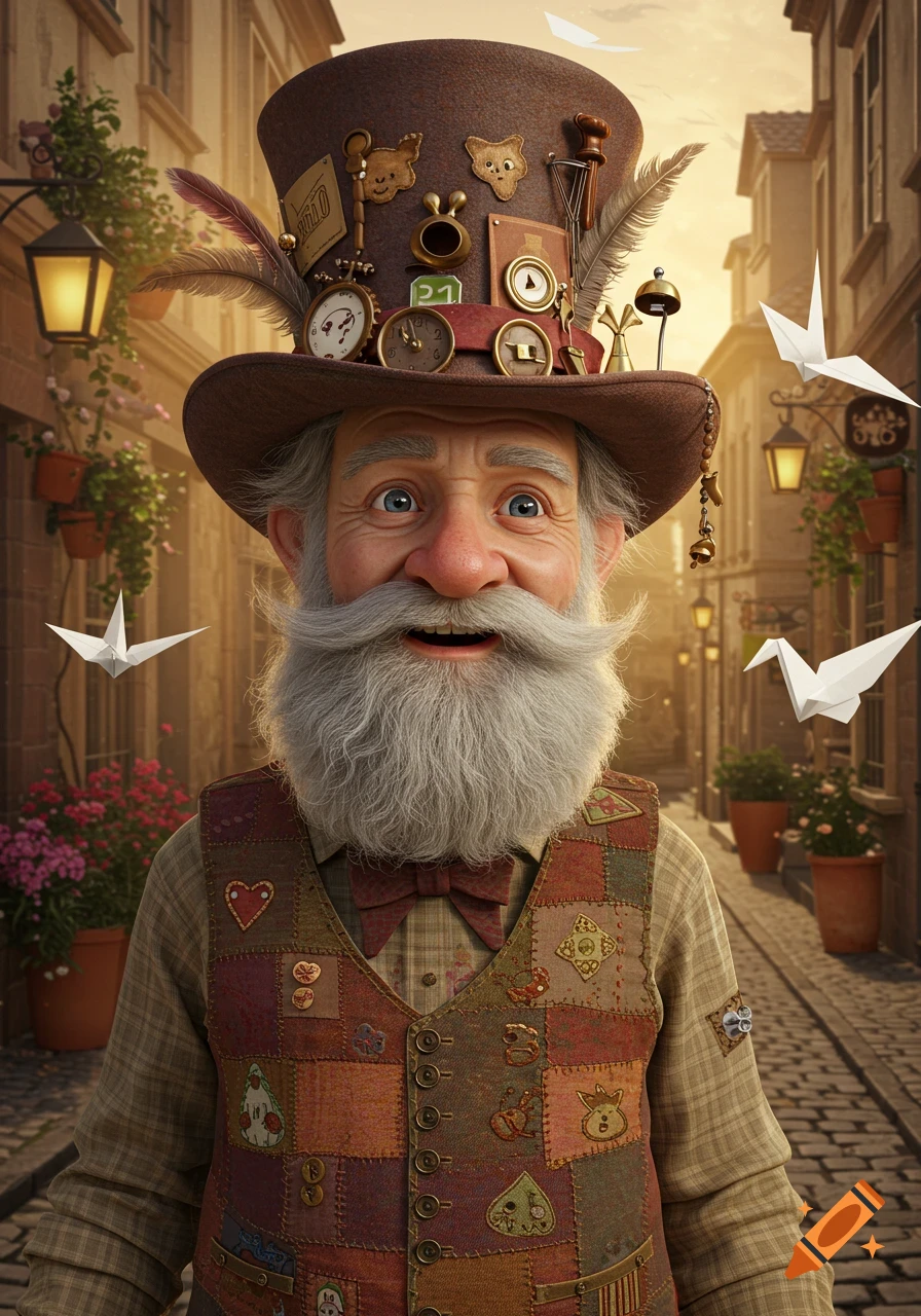 A whimsical old man with a long grey beard and a top hat adorned with trinkets stands on a cobblestone street with paper cranes flying around.