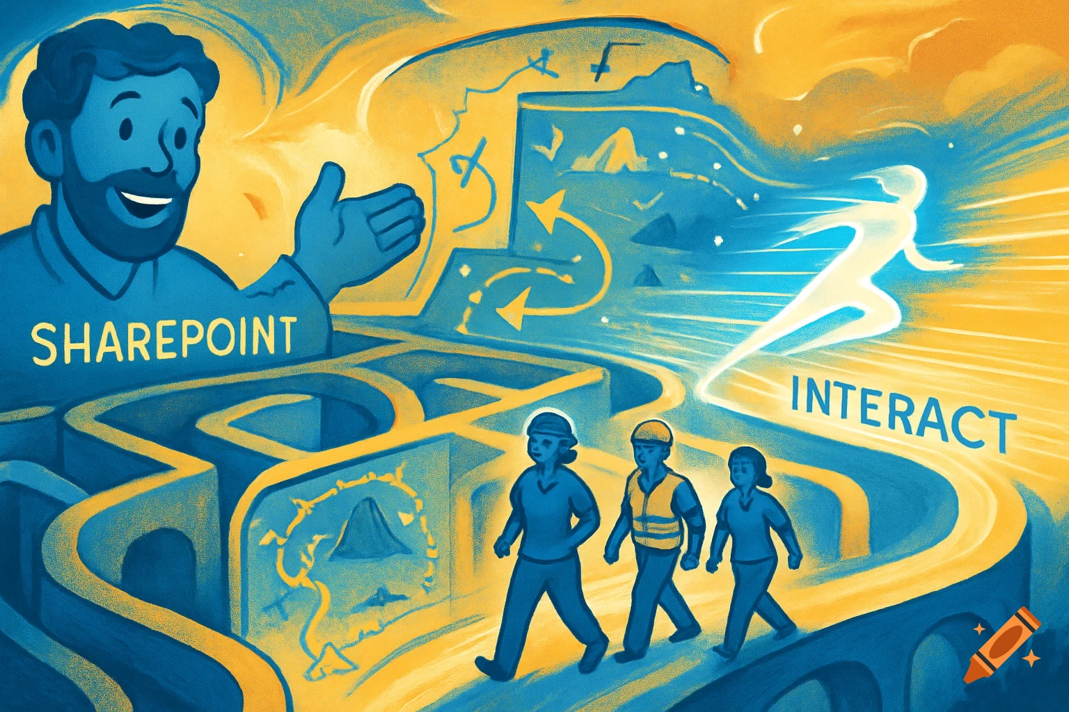 An illustration of a blue-skinned man gesturing towards a maze with the word 'SHAREPOINT'. Three figures walk through the maze, leading to a bright, glowing figure and the word 'INTERACT'.