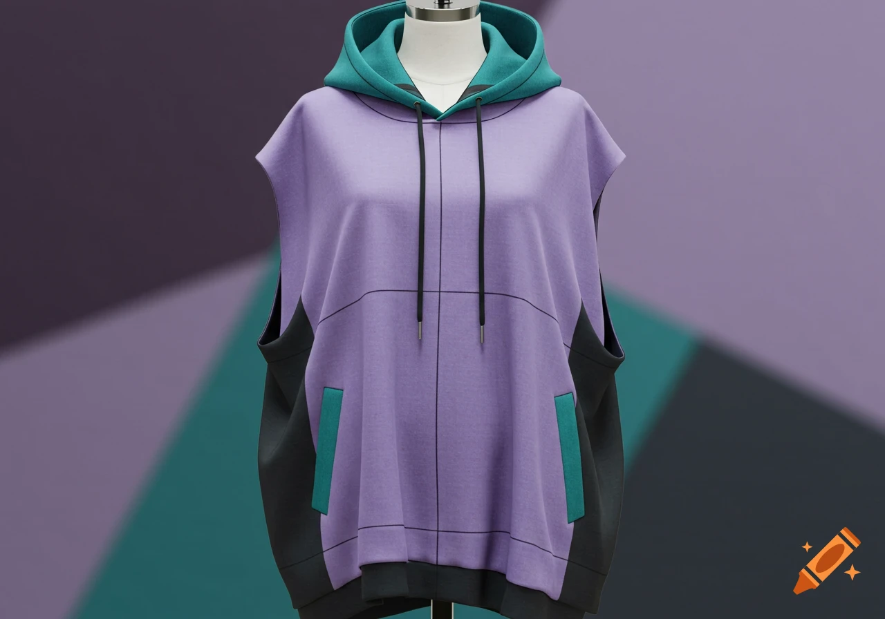 A sleeveless lilac purple, gray, and teal hooded tabard vest on a mannequin against a purple and teal background.