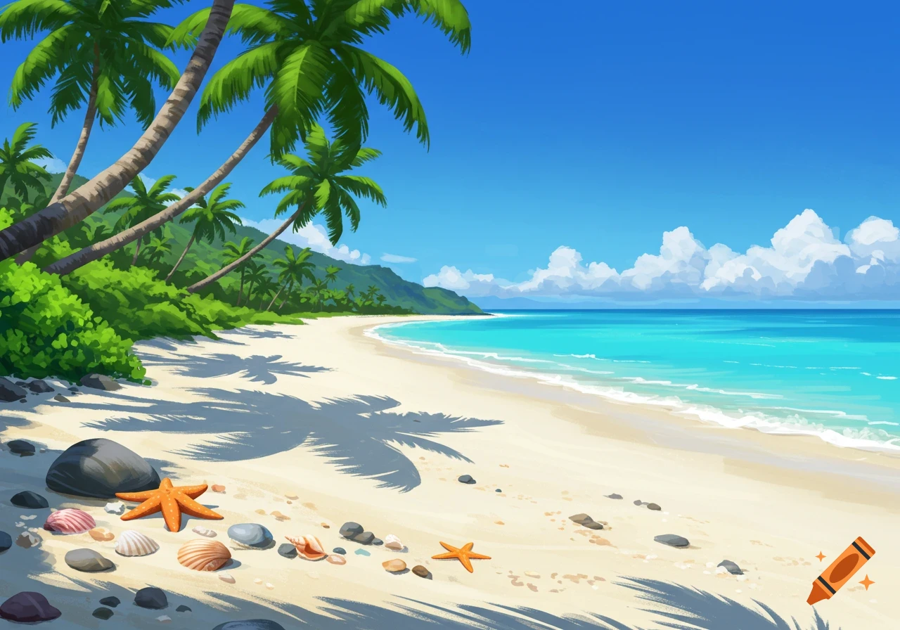 A vibrant, stylized beach scene with white sand, palm trees, turquoise ocean, and clear blue sky. Shells and rocks are on the sand.