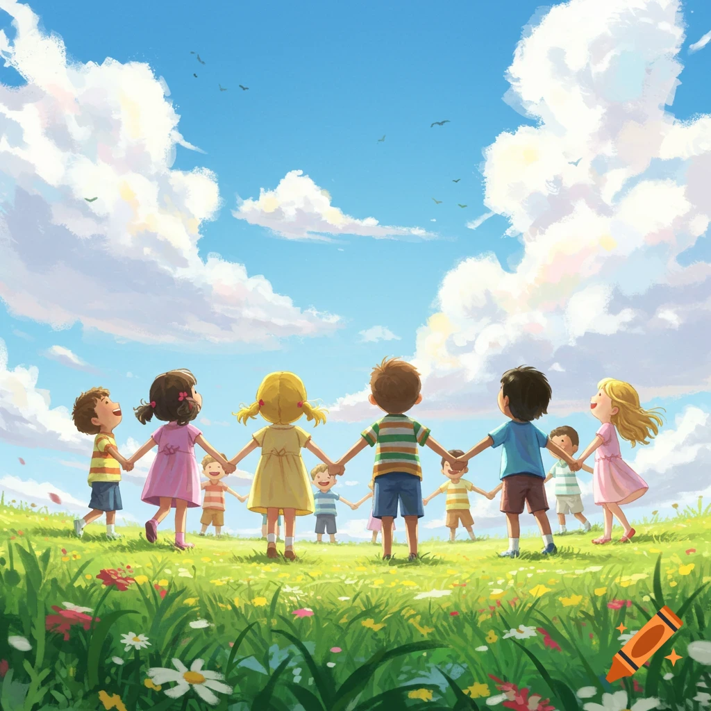 Illustrative painting of children holding hands in a circle on a green hill, looking up at a bright blue sky with white clouds.
