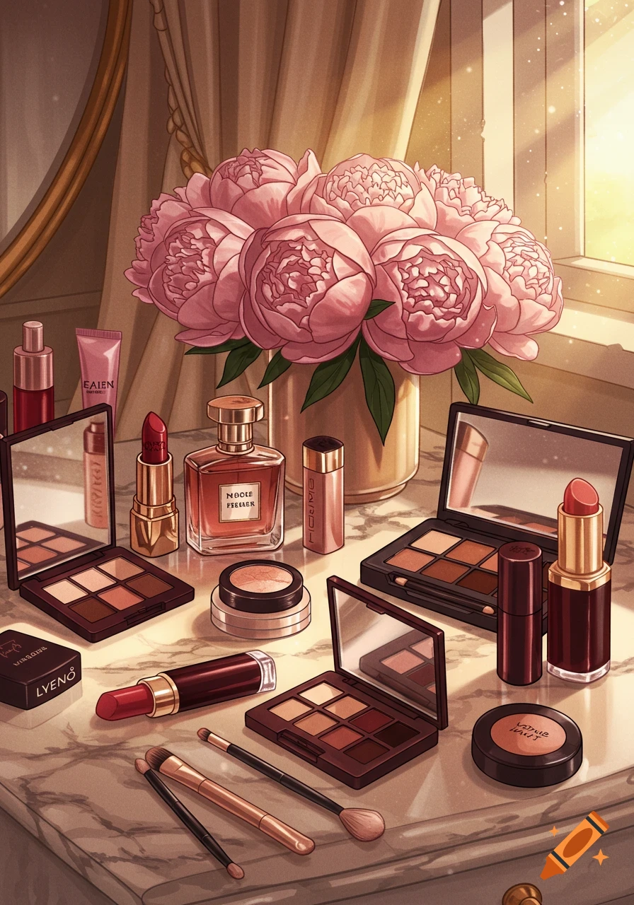 Stylized illustration of various makeup and perfume items, including eyeshadow palettes, lipsticks, and brushes, arranged on a marble vanity next to a vase of pink peonies.