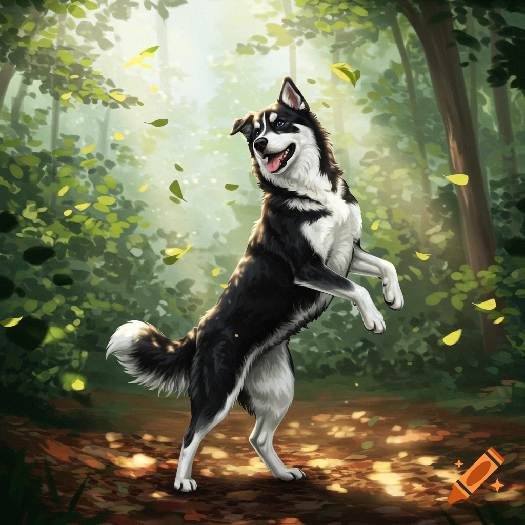 A black and white husky mix stands on its hind legs with front paws raised in a sunlit forest with falling leaves.