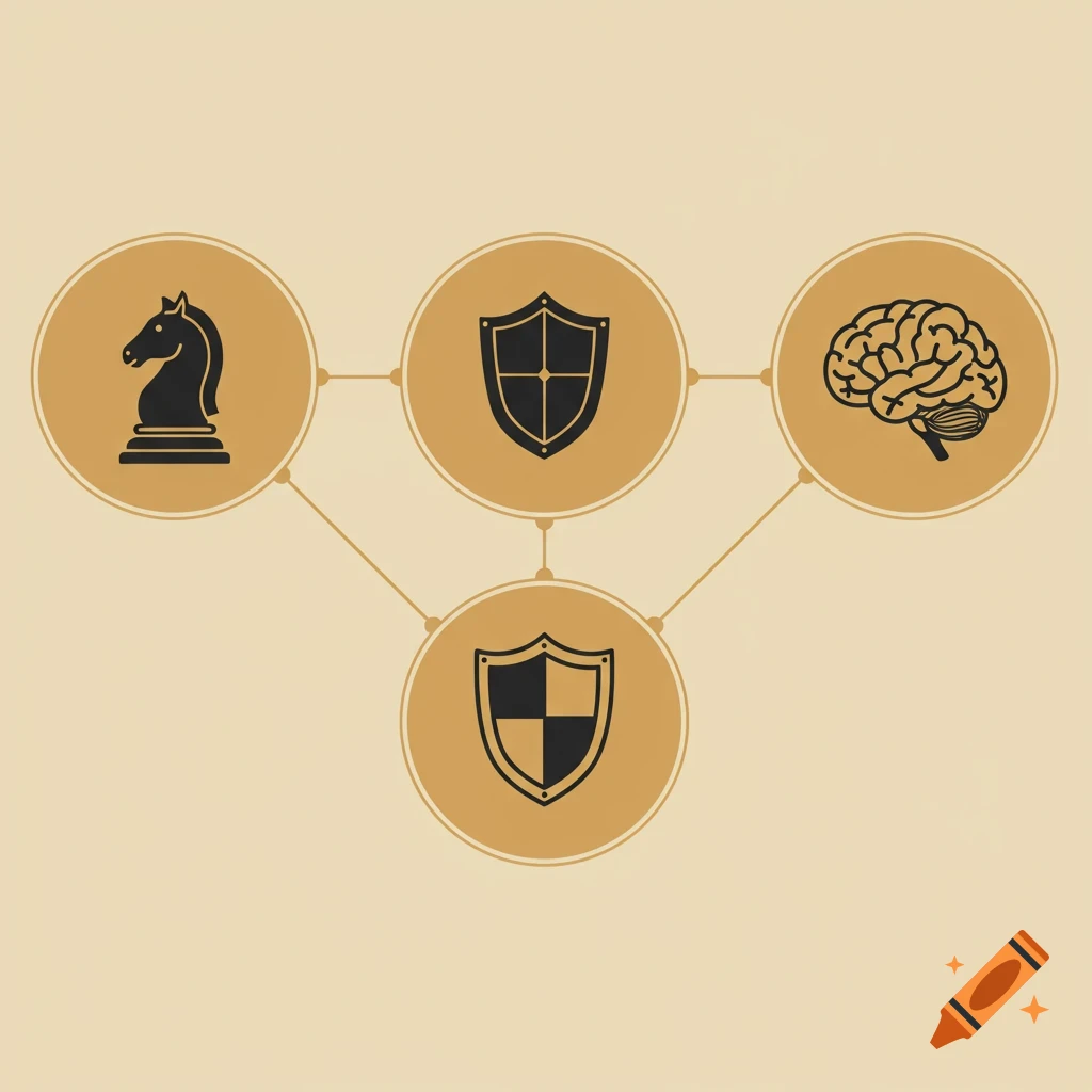 Minimalist diagram with three interconnected light golden circles containing a black chess knight, shield, and brain.