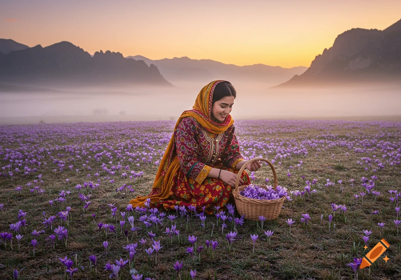 An Iranian woman in traditional dress picking purple crocus flowers in a vast field at sunrise, with misty mountains in the background.