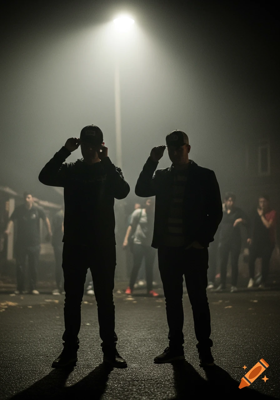 Two silhouetted men in caps stand under a bright street light on a foggy night, with blurred figures in the background.