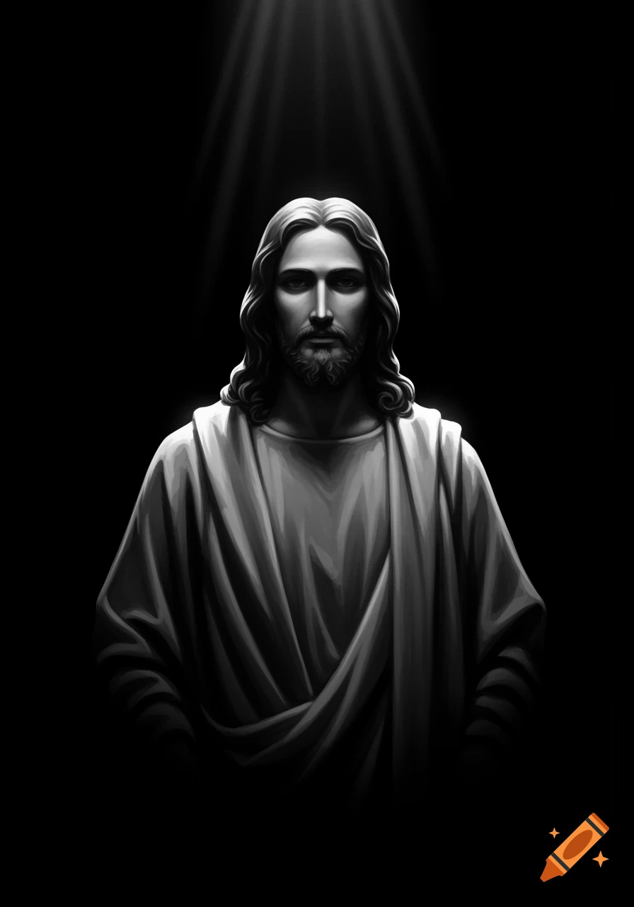 A black and white portrait of Jesus Christ with dramatic lighting from above, casting shadows and highlights on his face and robes.