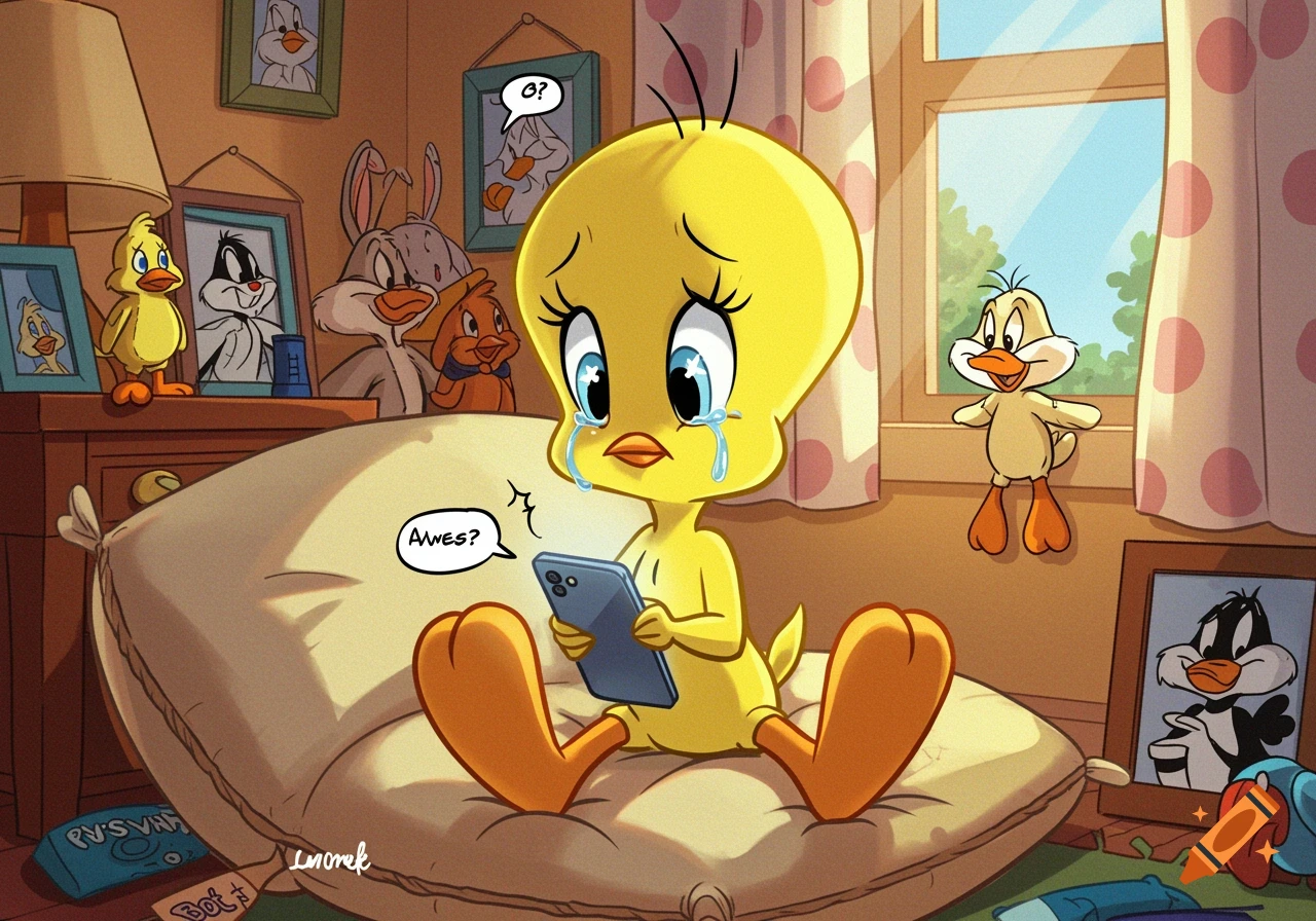 Yellow cartoon bird Tweety crying while looking at a phone, sitting on a pillow in a room with cartoon character pictures on the wall. Comic style.