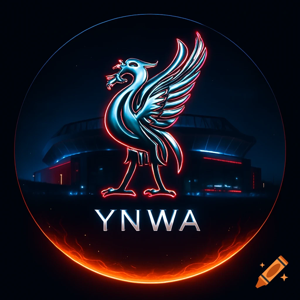 A circular Liverpool FC profile picture with a chrome and neon red Liverbird logo, Anfield stadium at night in the background, and 'YNWA' text below.