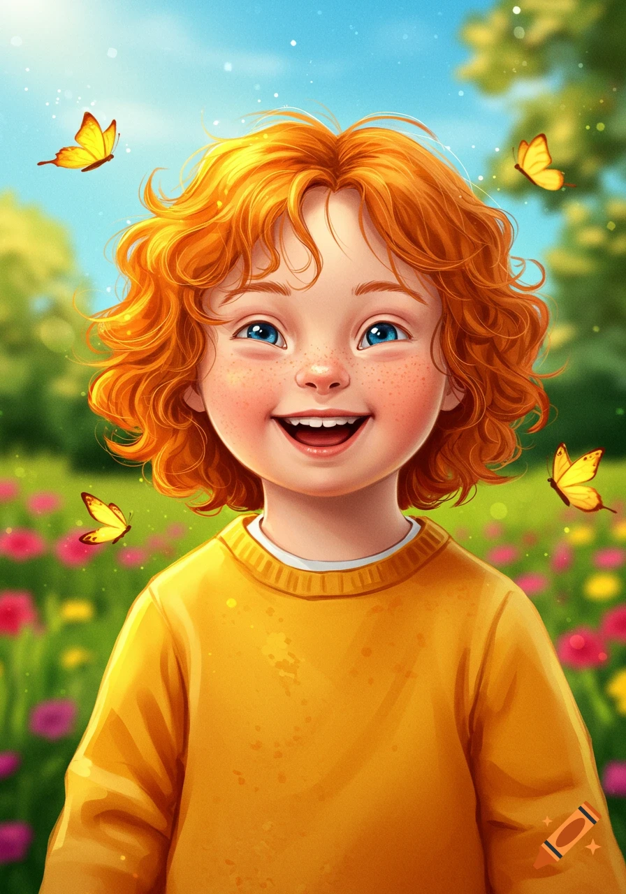 A smiling cartoon child with red hair and freckles stands outdoors with yellow butterflies.