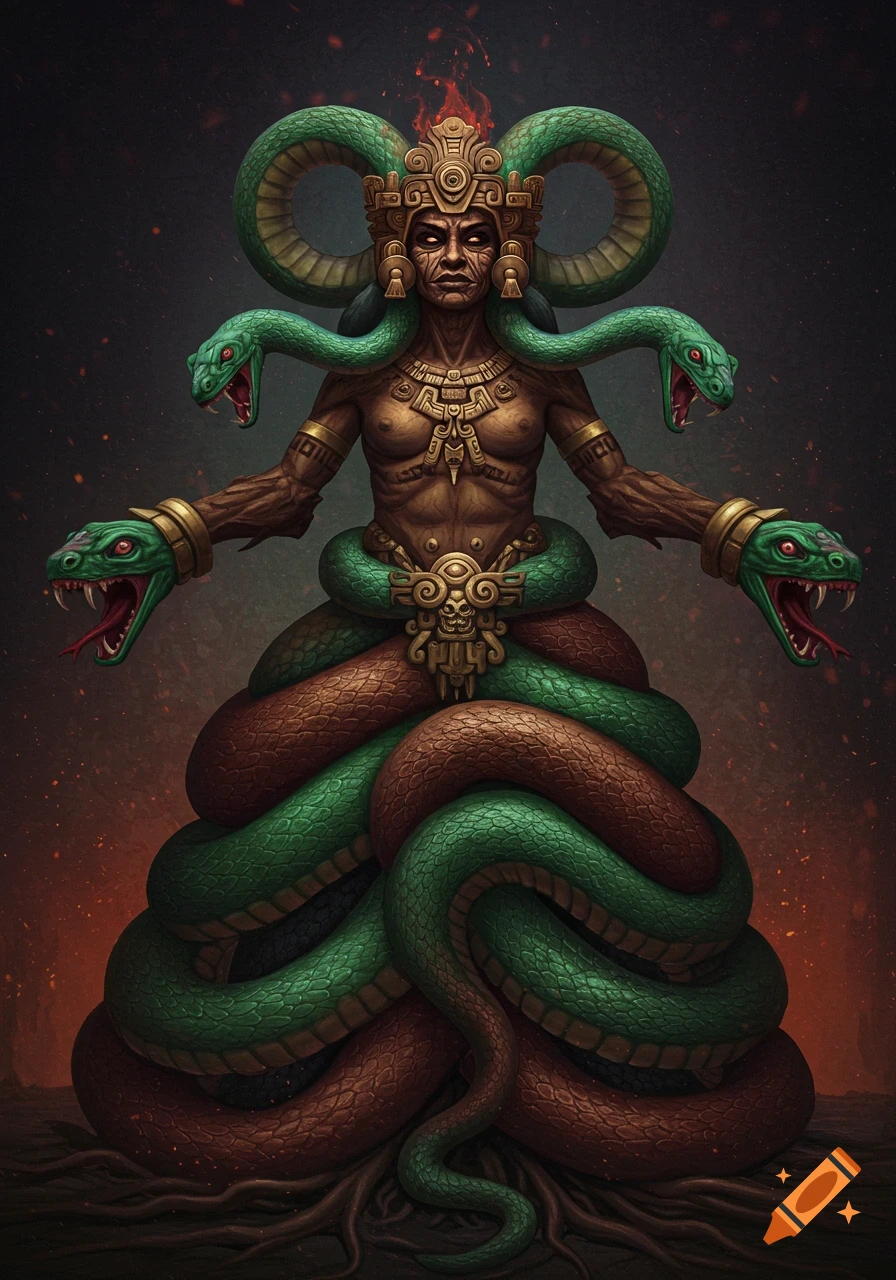 A powerful, dark image of Coatlicue with serpents for hair and hands, and a skirt of intertwined snakes.