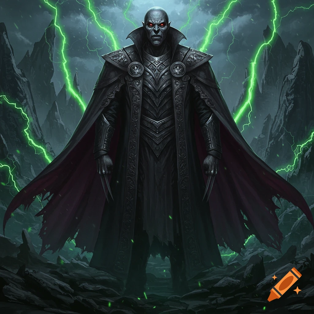 A dark fantasy creature with red eyes and elaborate armor stands in a rocky landscape with green lightning.