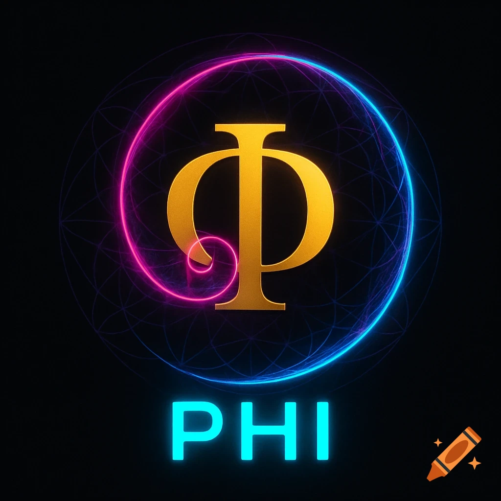 Golden Greek letter Phi (Φ) with glowing pink and blue neon spiral, above neon cyan 'PHI' text on a black background.