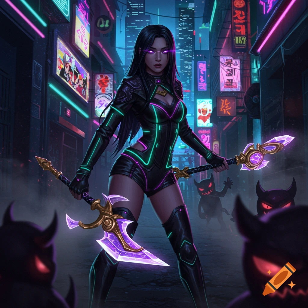 A dark-haired woman with glowing purple eyes and neon-accented black armor stands in a futuristic alley holding two glowing axes, surrounded by shadowy demon figures.