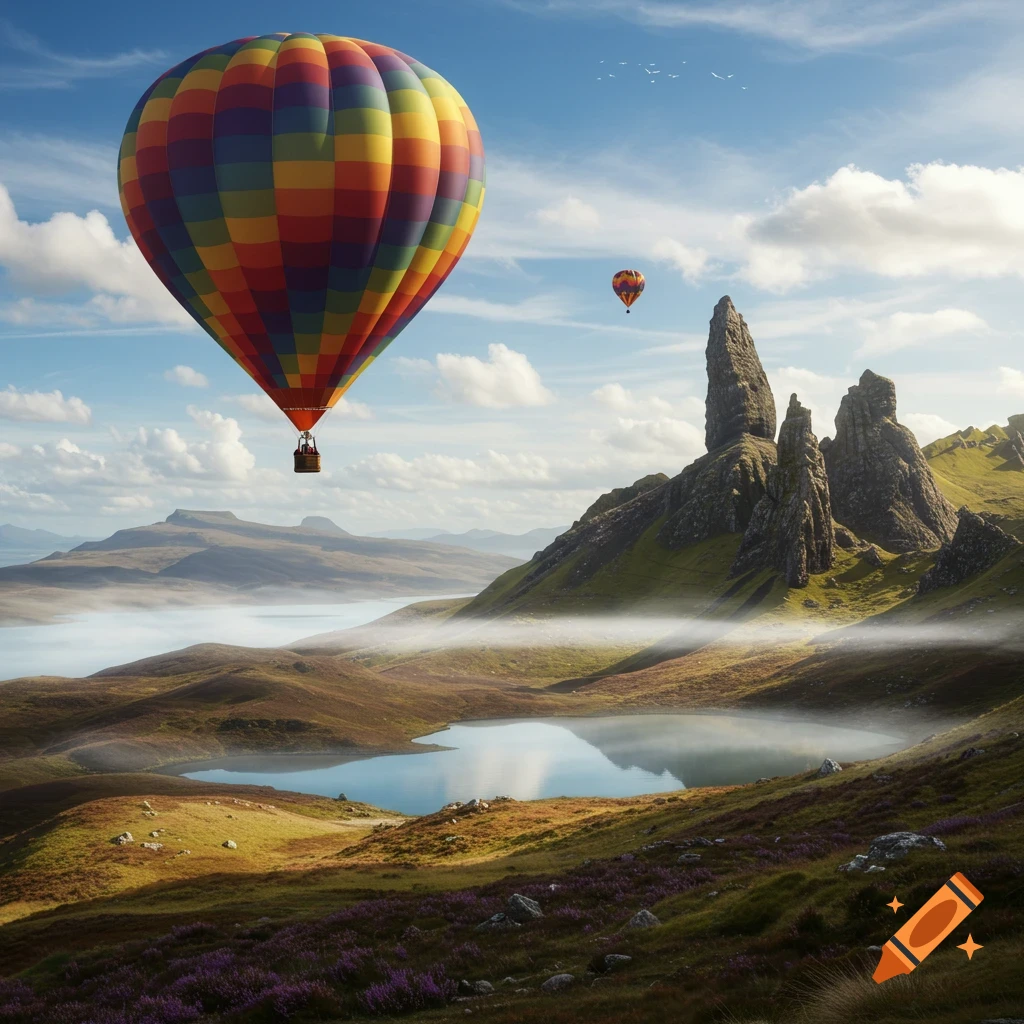 Colorful hot air balloons float over a misty, mountainous Scottish landscape with lakes and rock formations under a blue sky.
