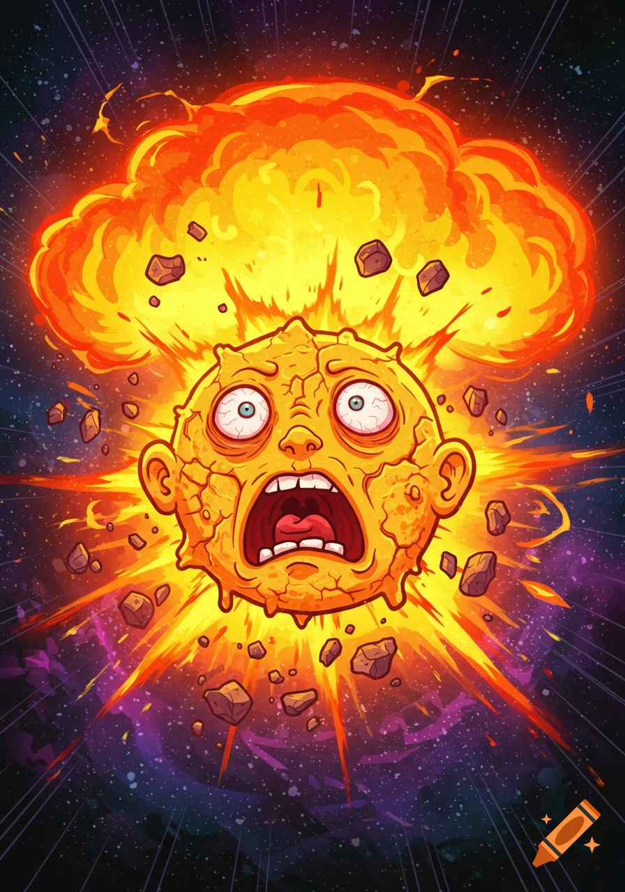 A grotesque chibi-style cartoon of a star exploding, with a screaming, crack-faced character in the center surrounded by fire, plasma, and debris in space.
