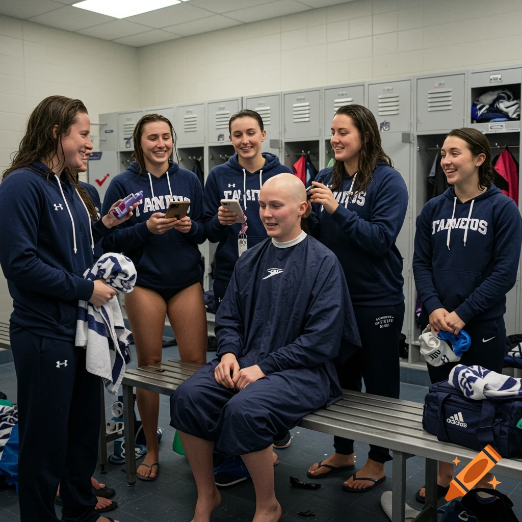 A group of female swimmers in a locker room, some in hoodies, one sitting on a bench having her head shaved bald.