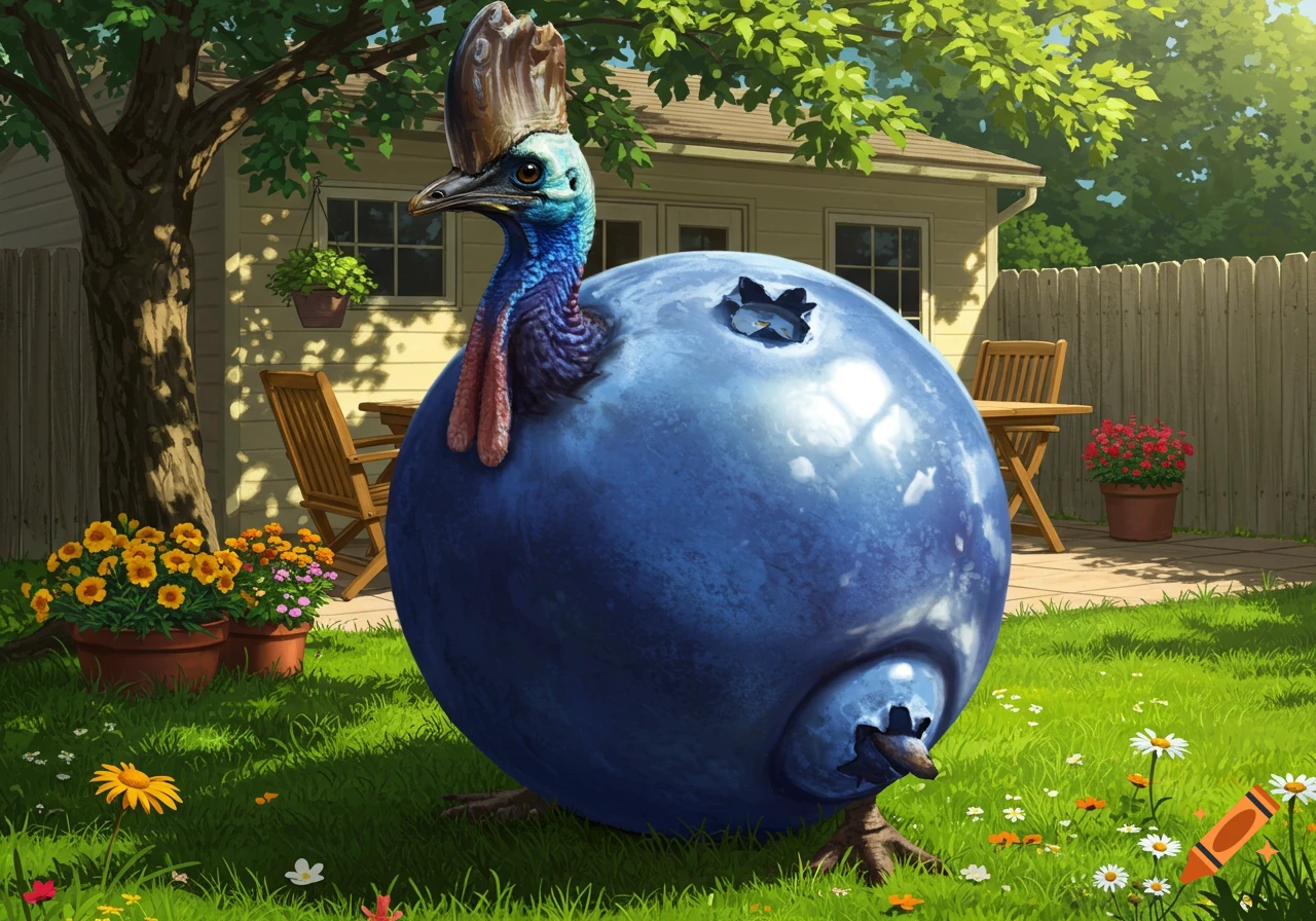 A cartoonish cassowary with a large, round blueberry for a body stands in a sunny backyard.