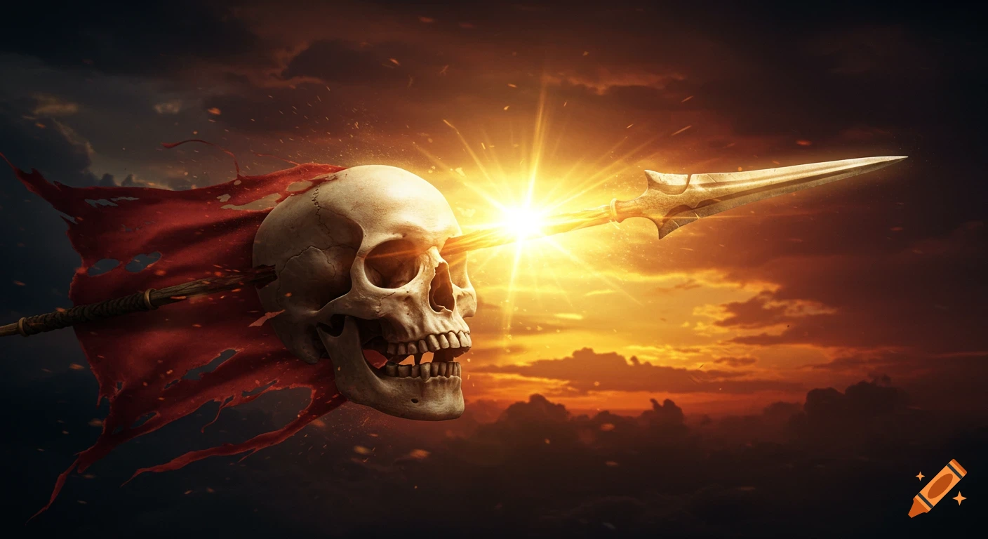 A skull with a torn red banner pierced through its eye by a bright, glowing spear against a dramatic sunset sky.