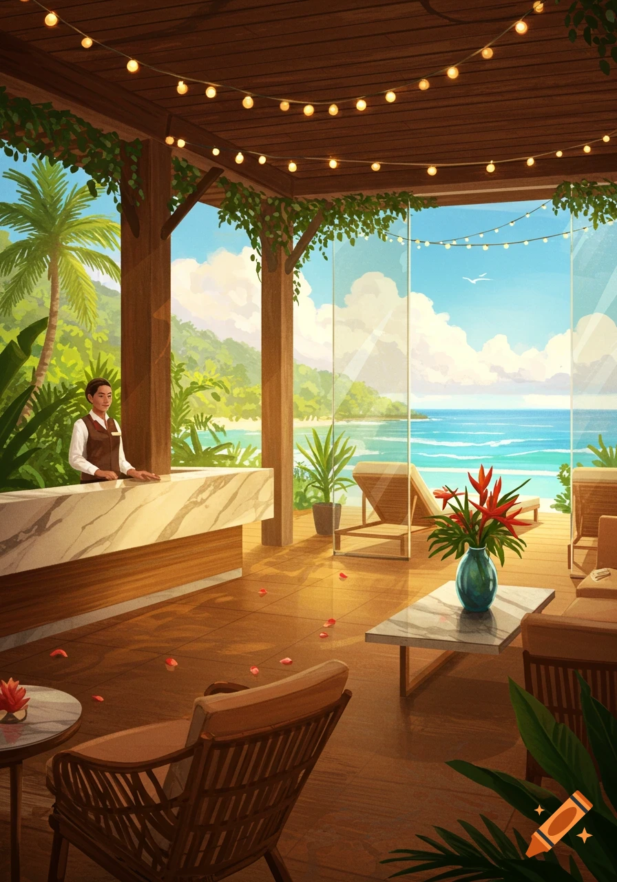 Illustrated view of a tropical resort lobby with a reception desk, a person, string lights, lush plants, and an ocean view.