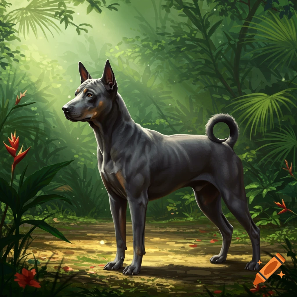 A dark gray Thai Ridgeback dog standing on a path in a lush green jungle with sunlight filtering through trees.