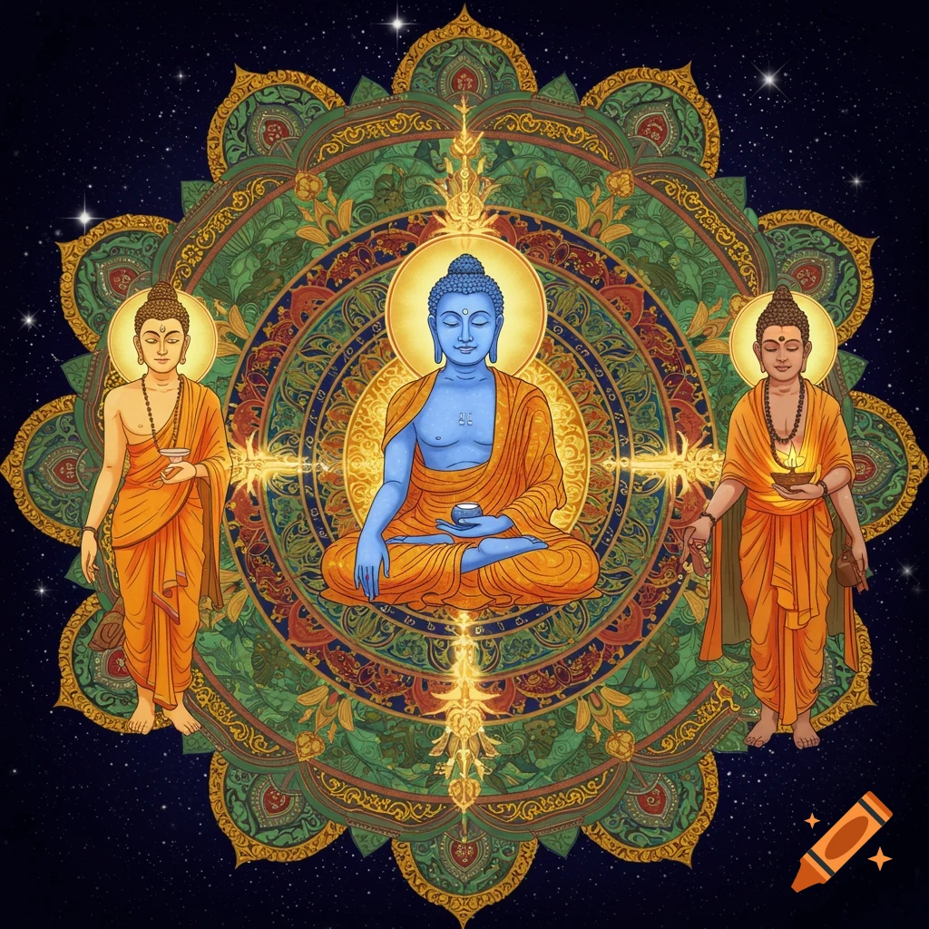 A blue Buddha meditates at the center of a vibrant mandala, flanked by two other figures, against a starry sky.