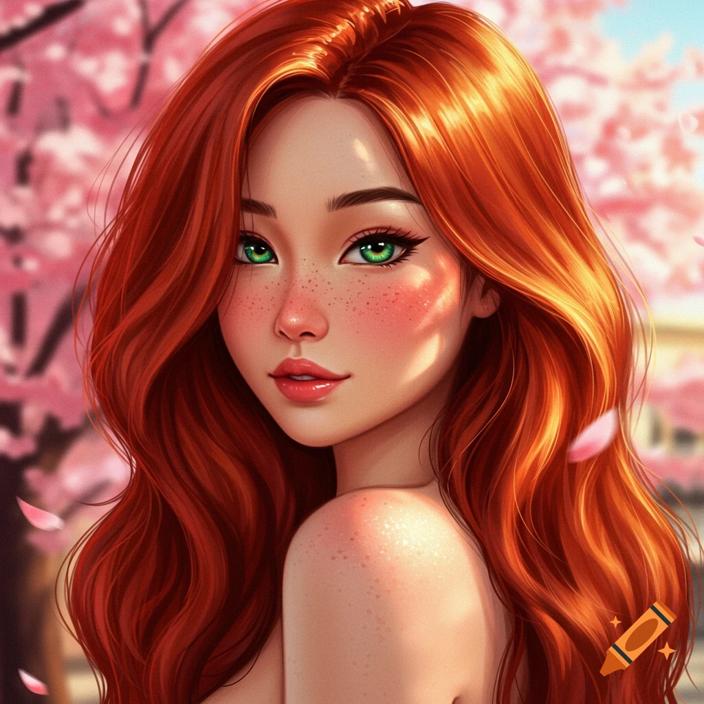 Digital painting of a red-haired woman with green eyes and freckles looking over her shoulder, with pink cherry blossoms in the background.