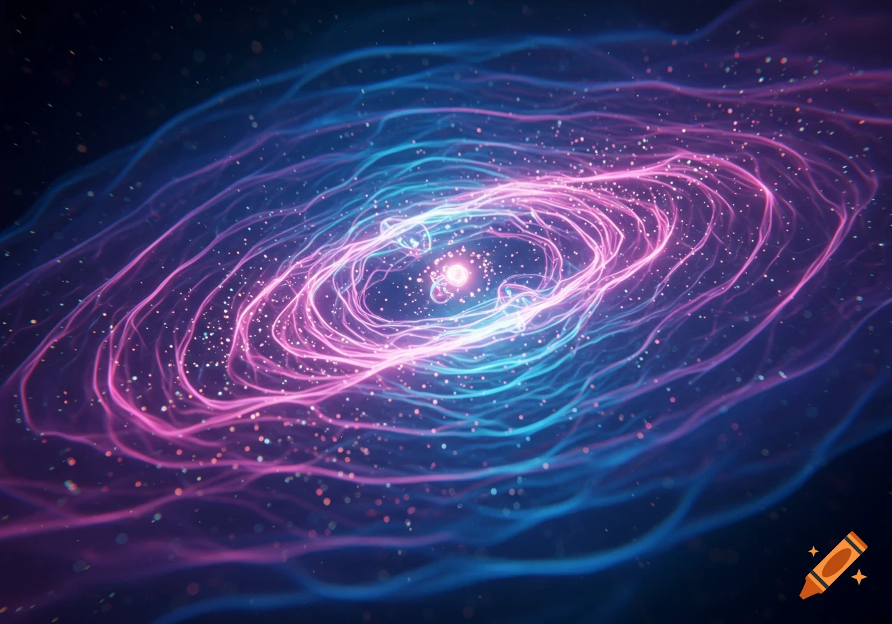 A vibrant abstract spiral of glowing pink and blue light, with numerous small particles, resembling a galaxy or cosmic energy.